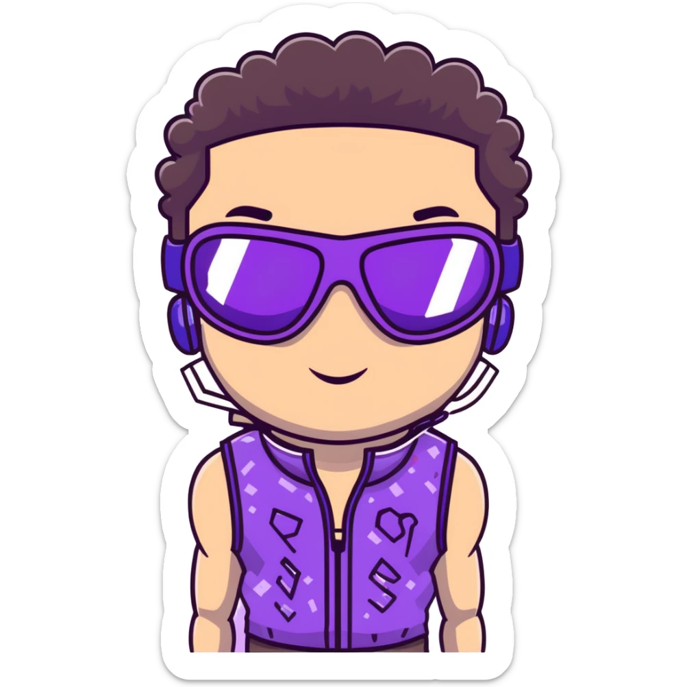 close-up of male athlete with white skin and moderately curly dark brown hair on top with shaved sides, wearing ski goggles with purple frames and very dark black lenses, a simple plain black chain necklace, and a completely unzipped sleeveless vest with purple and black sequin fire pattern design with no logo, with an arrogant smug smirk on his face, looking confident and cocky sticker