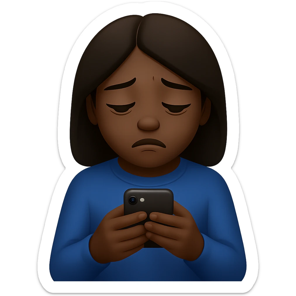 Create an image of a girl addicted to her phone with a dark skin tone in the style of emoji style. The style should reflect the characteristics of emoji style, focusing on the look and feel of emoji illustrations. sticker