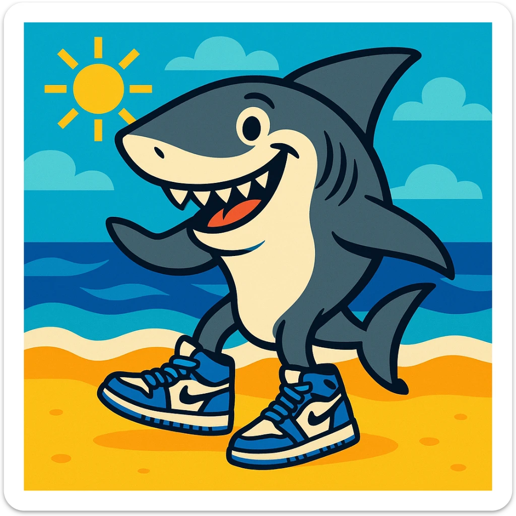 smiling shark close to the beach, wearing four blue Jordan tennis shoes, with a sunny sky and ocean, fun and lively style sticker
