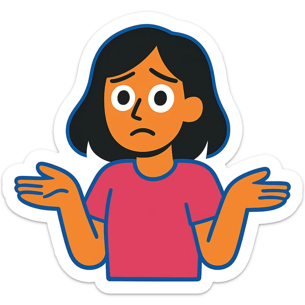 confused black-haired girl with 'I don't know what I want to do' face sticker