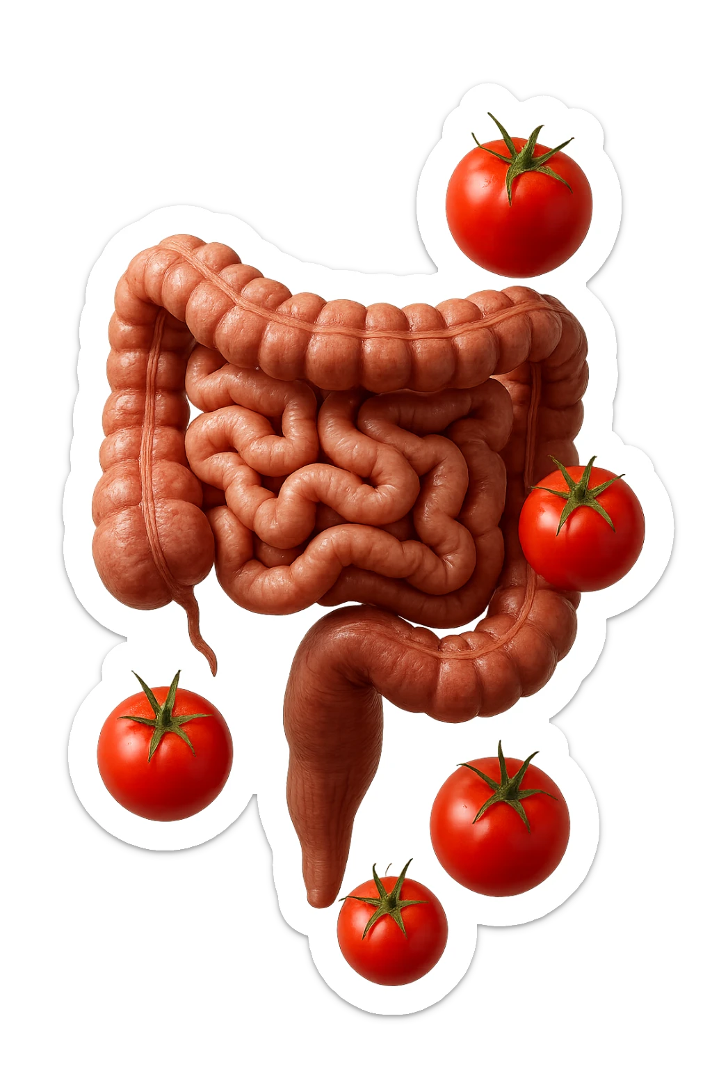 intestino umano anatomico con pomodori che gli fluttuano intorno, iperrealistico 4k sticker