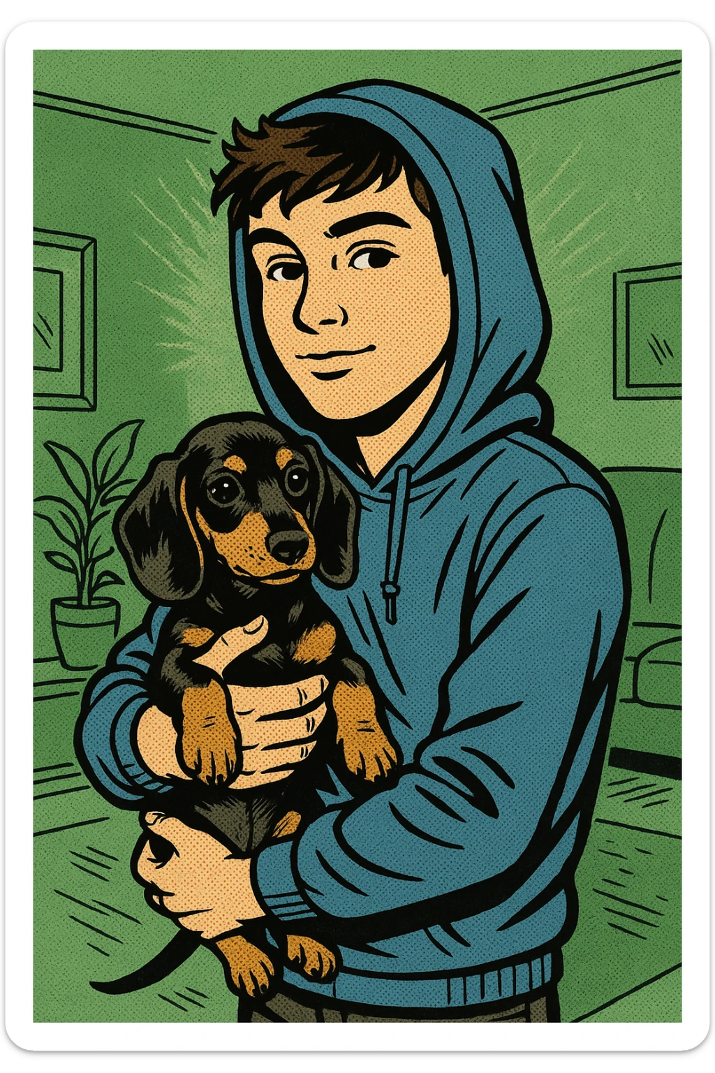 A modern day teenager wearing a blue hoodie with a black and tan puppy dachshund in a green living room sticker