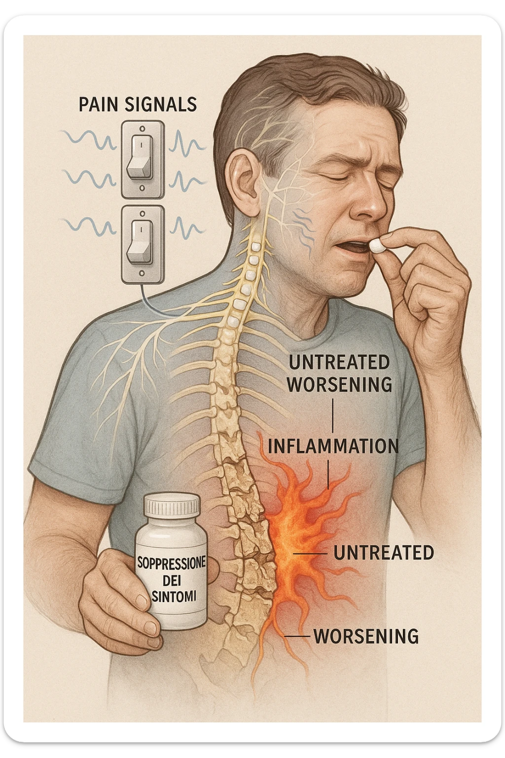 Man taking pain medication for chronic back pain, pills shown as dimmer switches turning down pain signals in transparent nervous system overlay, underlying spinal damage remaining completely untreated and worsening, expression of temporary relief masking progressive deterioration, medication bottle labeled 'symptom suppression' not 'cure', root cause inflammation continuing to spread in italiano sticker