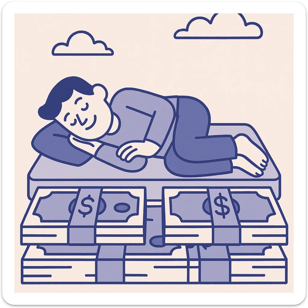 happy person napping on mattress of money sticker