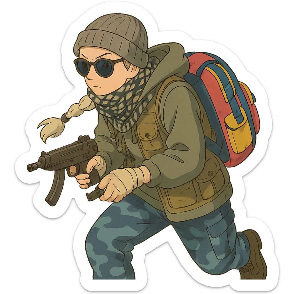 1 female, long white braid, knit cap, dark sunglasses, shemegh neckwrap, fishing vest, vibrant shool backpack, drab hoodie, handwraps, blue camo pants, tactical reload of a VZ-64 Scorpion, hunched over, on the move sticker