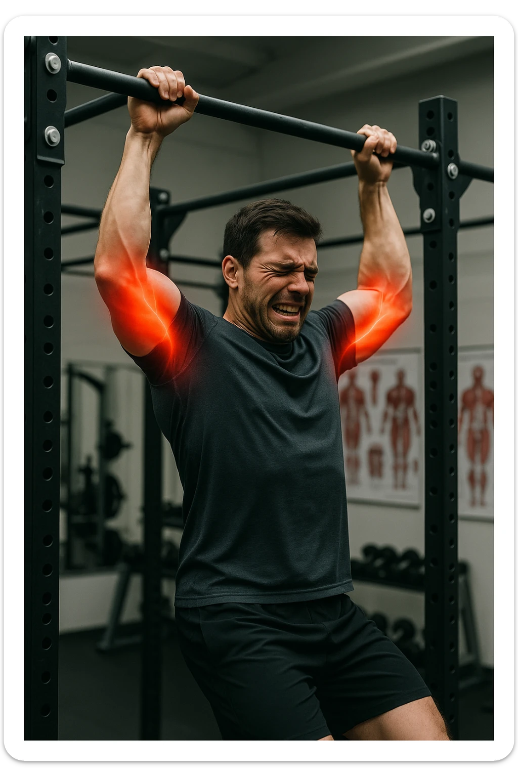 a man in athletic wear esegue una trazione alla sbarra in palestra. I suoi gomiti sono evidenziati con un alone rosso acceso o un effetto glow, indicando infiammazione. Un’espressione di dolore è visibile sul suo volto. Sullo sfondo, attrezzi da palestra e poster anatomici. L’atmosfera è educativa e realistica. sticker