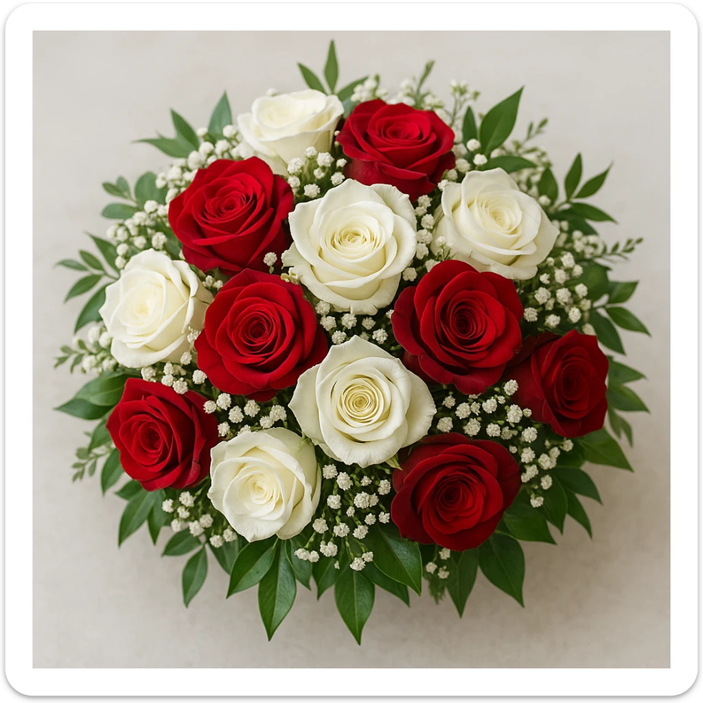 a round bouquet of red and white roses, with baby's breath and greenery, sophisticated and fresh sticker