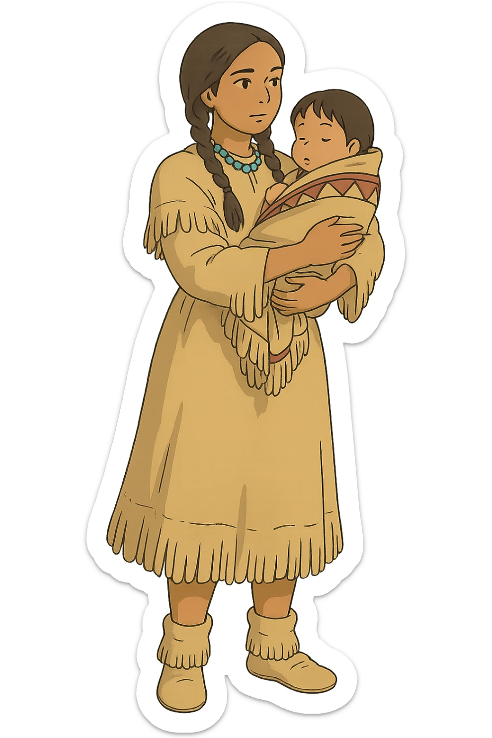 The Full body of A native American woman from the 1830s holding her child  sticker
