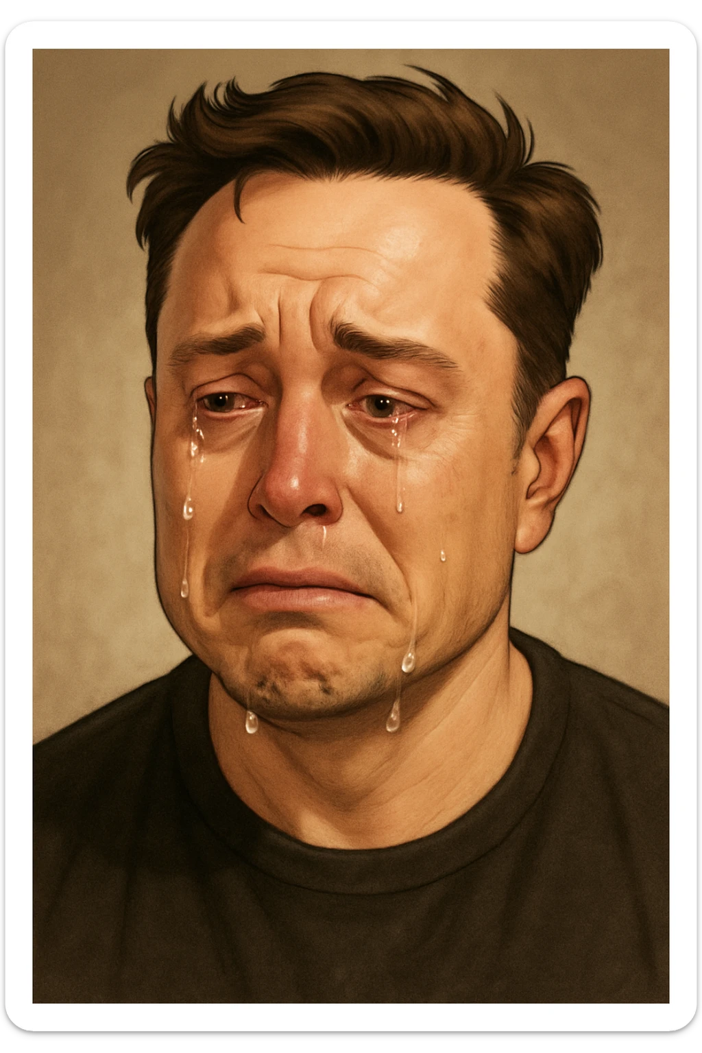 realistic cartoon style portrait of Elon Musk crying, detailed, emotional expression sticker