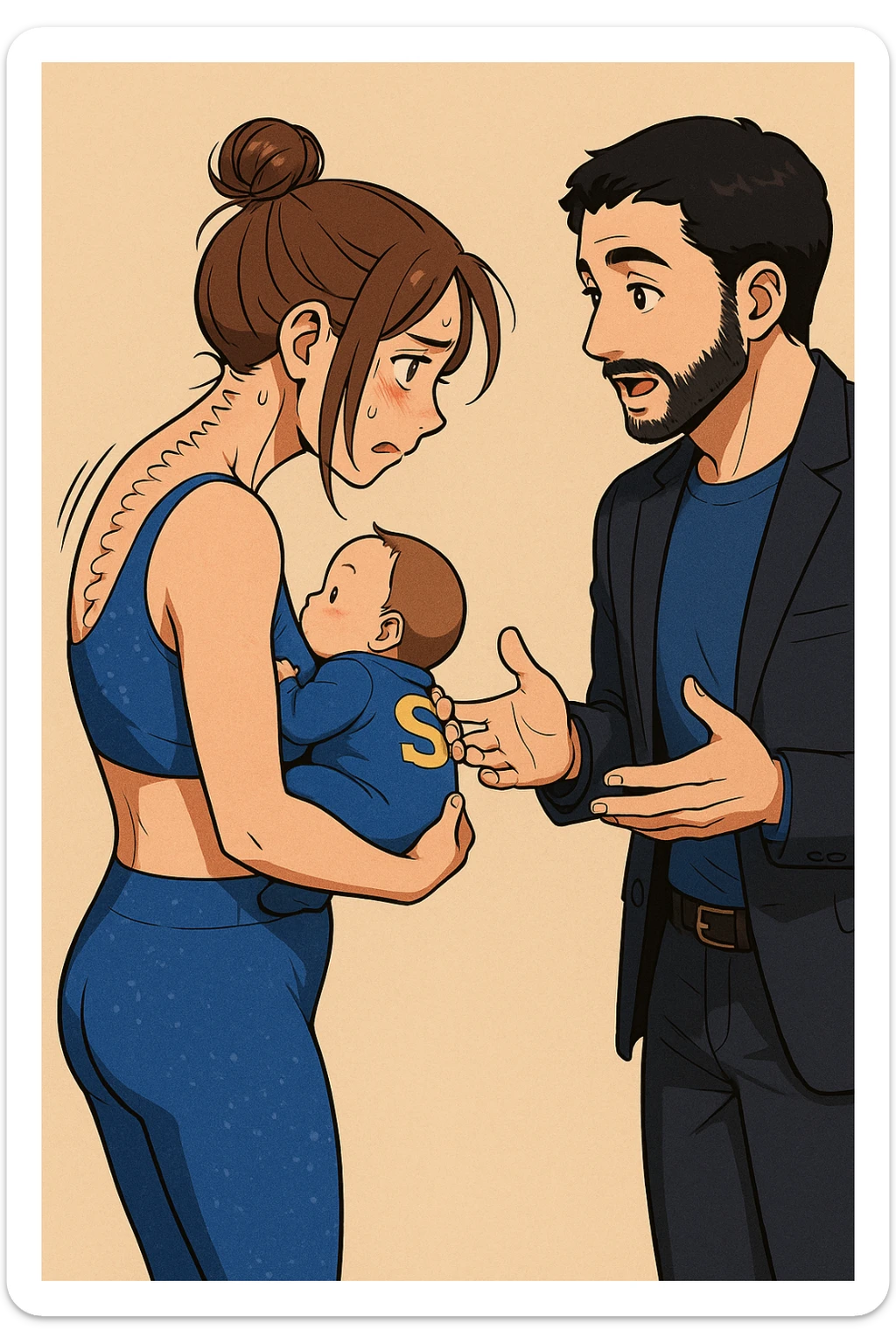 ispirati a questo stile di disegno e fai questa immagine in versione manga/webtoon a colori, il manga mostra la donna preoccupata di profilo con la postura sbagliata e incurvata, spalle chiuse e curve in avanti, con un neonato in braccio con una tutina azzurra e la scritta "S" sulla schiena, spina dorsale storta della donna in evidenza mentre ascolta l'uomo mentre l'uomo gli sta spiegando una cosa, ma non fare i fumetti, fai come se stessero parlando sticker