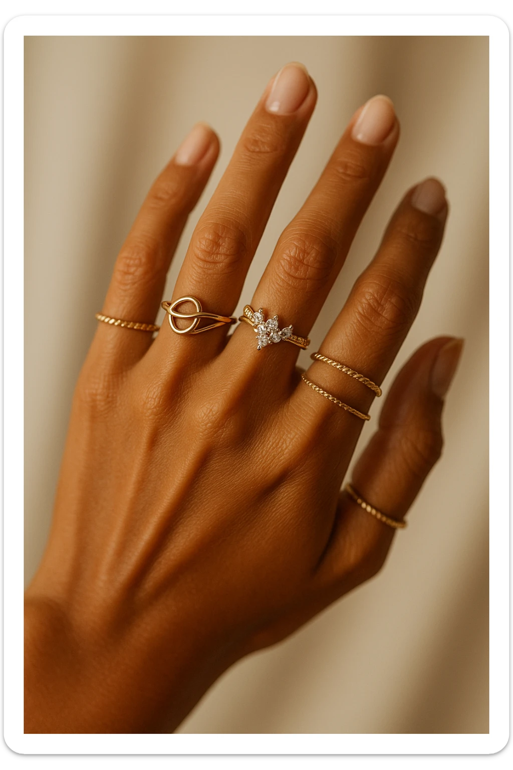 a beautiful tanned woman's hand with many rings, focus on the hand, elegant, jewelry details sticker