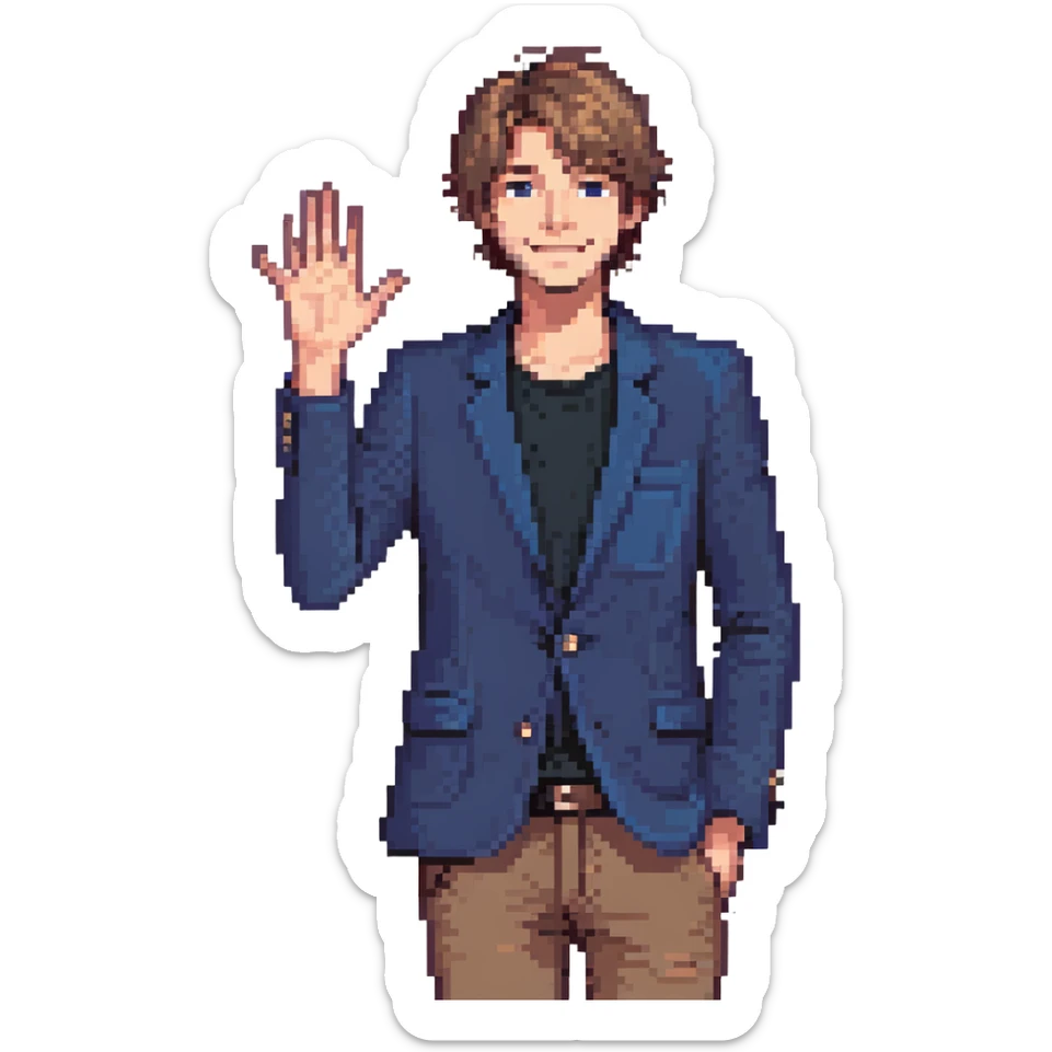 Flat pixel are, lively and clever male debater, fair skin, short messy light brown hair, sharp eyes with a mischievous smile, wearing indigo blazer over a casual t-shirt, one hand raised mid-gesture, waist-up, front-facing sticker