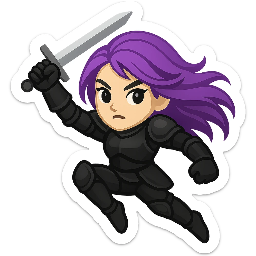 Create an emoji style image of a mysterious warrior girl with flowing purple hair and black armor in a dynamic action pose, such as jumping or swinging a sword. Keep the style and colors consistent with the reference image. No background. sticker