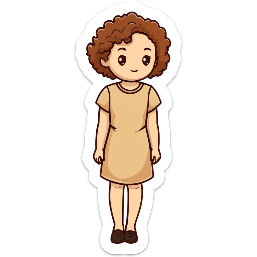 white woman with curly brown hair wearing a beige dress sticker