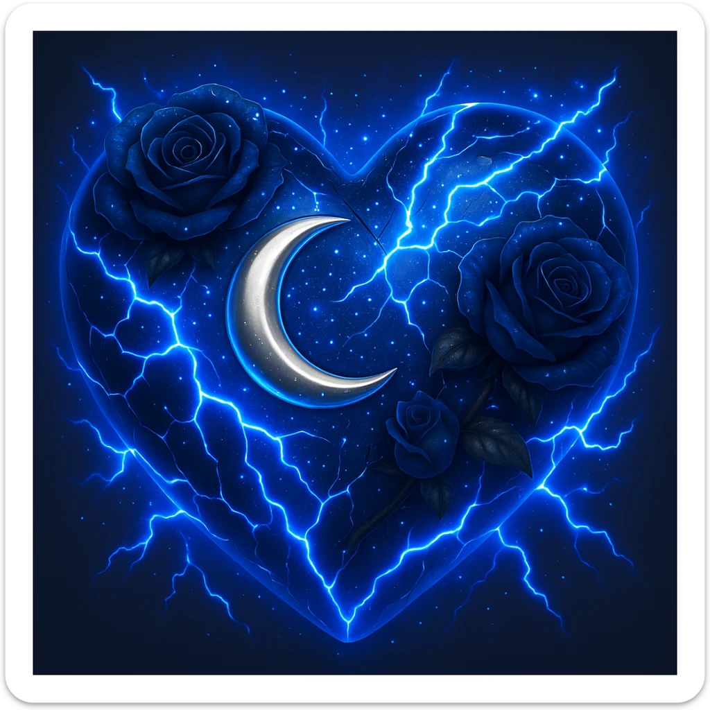 Add more neon blue lightning effects to the gothic heart made of deep blue glass, with silver crescent moon, blue-black roses, iridescent stardust, wet and splintered glass, in the style of 3D emoji style. sticker