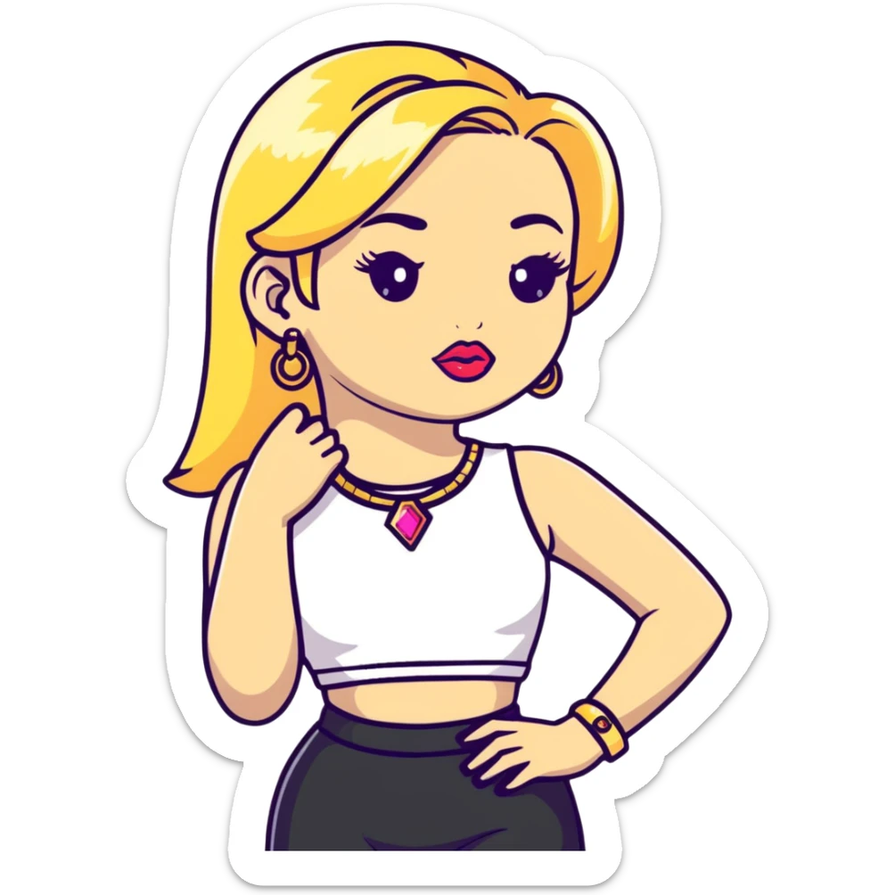Full body white teenage girl with blonde hair, heavy makeup, big lips, crop top, gold jewelry and flashy choni style outfit sticker