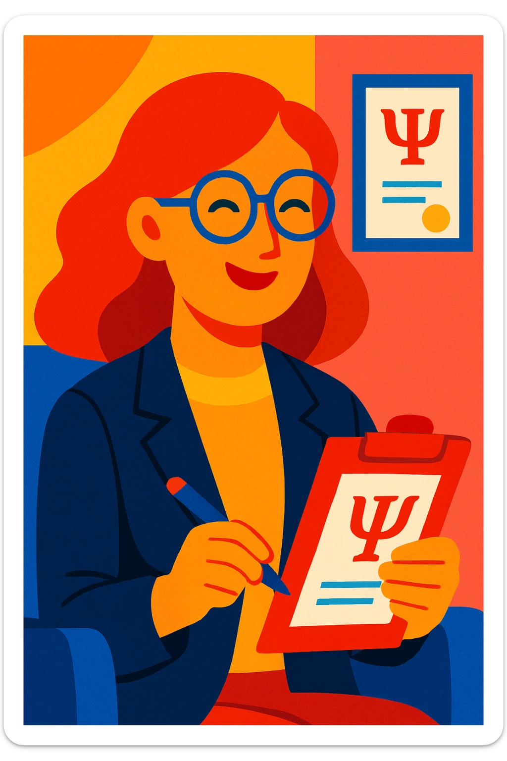 woman psychologist with red hair, smiling, vibrant modern illustration sticker