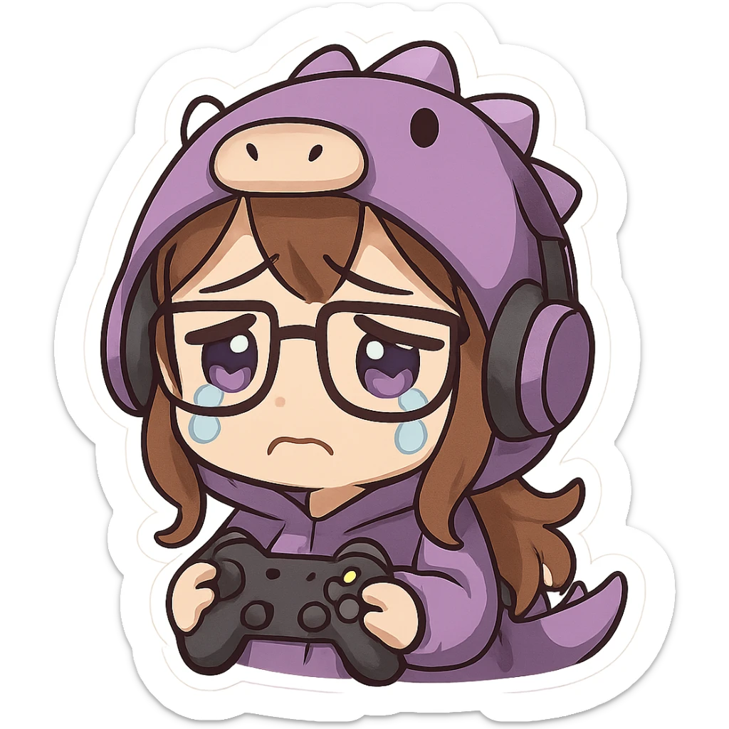 chibi anime style gamer girl with glasses, brown hair, dark purple eyes, wearing a purple dinosaur costume, sad emote, no controller sticker