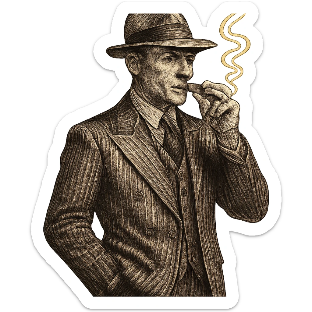 gangster character, 1920s style, pinstripe suit, fedora, cigar, vintage vibe, no background sticker