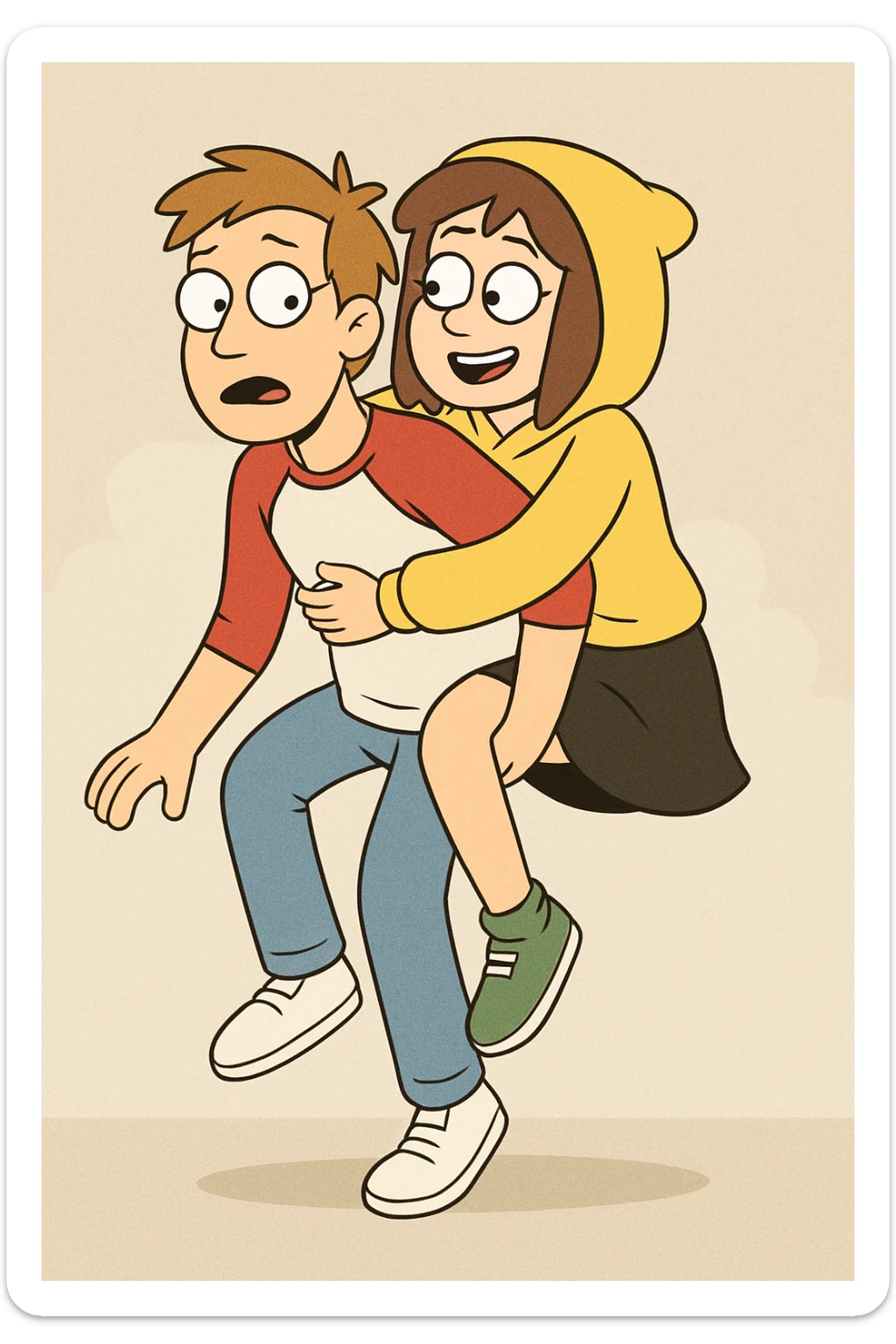 A man Raglan sleeves with Red t-shirts blue jeans white shoes carried by a cute a girl yellow hoodie black skirt green shoe  sticker