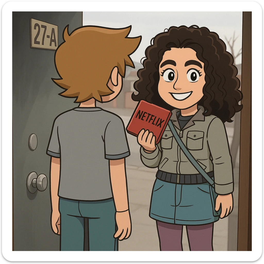 Replace the face of the girl with pink hair in the cartoon image with the face from the uploaded photo, keeping the same flat toon cartoon style and expression, matching the lighting and colors. sticker