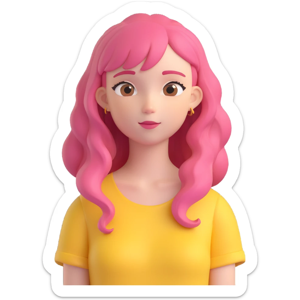 Emoji of a girl inspired by Fluttershy, with flowing pink hair, yellow top, and a gentle, caring face sticker