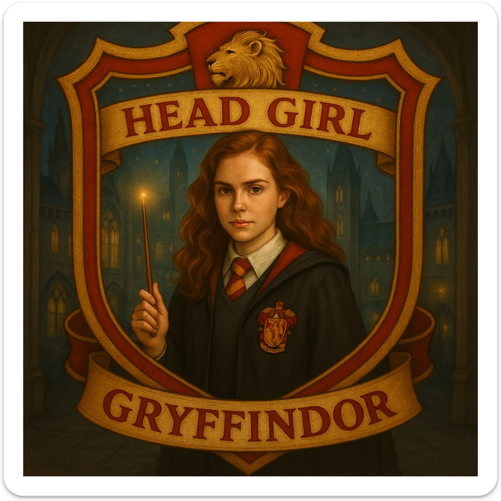 Make this Gryffindor head girl badge more realistic, with a lifelike girl in a Hogwarts uniform, realistic wand, and a detailed lion symbol, keeping the red and gold border and magical school setting. sticker