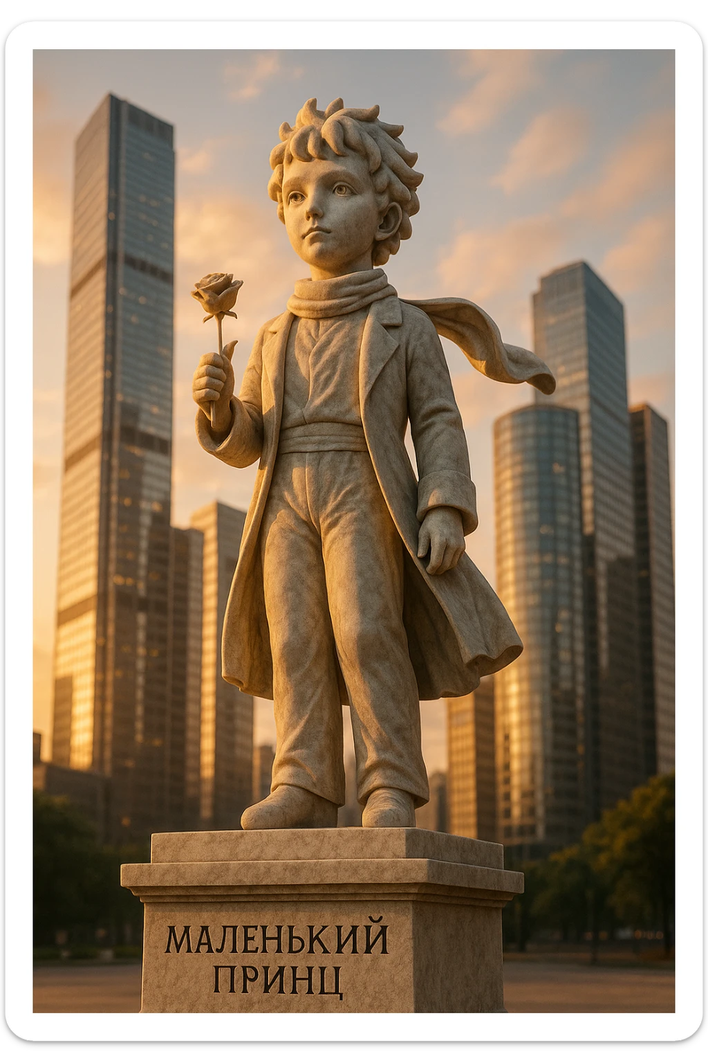 A marble statue of the Little Prince with a rose in his hand, placed in a modern cityscape. The pedestal inscription reads 'Маленький принц'. Ultra-realism, sunset, low-angle perspective. sticker