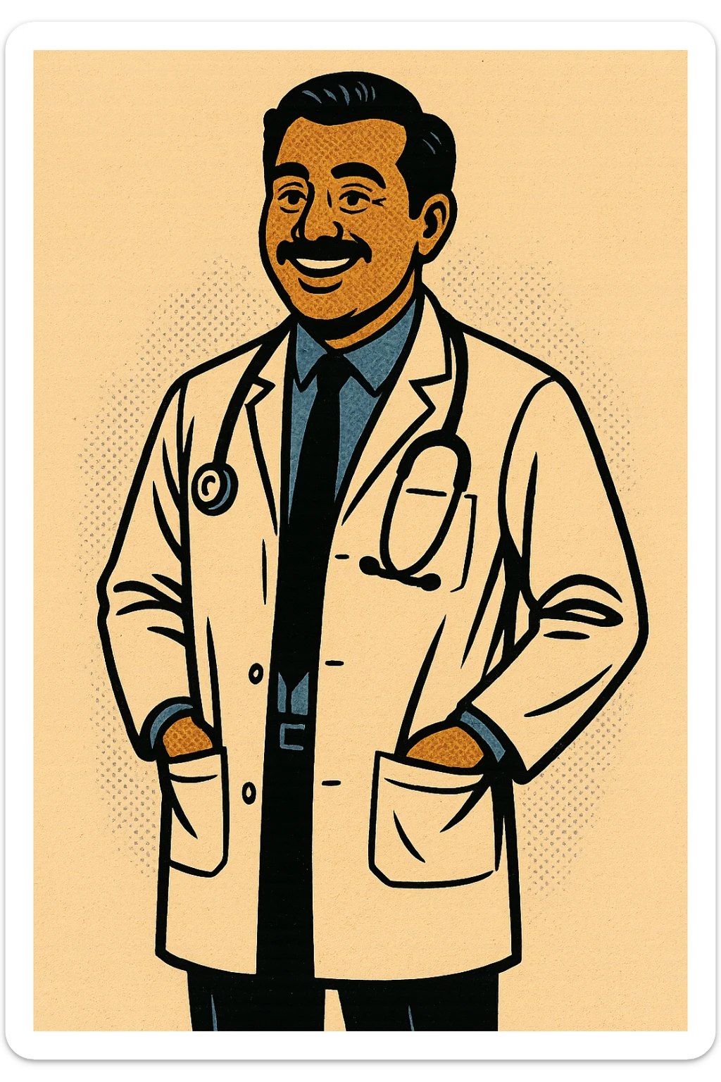 The full body of a male Indian doctor who works as a GP standing with his hands in his pockets and looking happy.  There is a stethoscope around his neck sticker