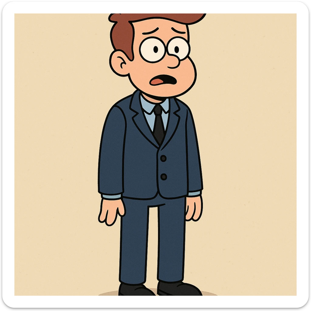 boy in a blue and black suit, standing, simple background, cartoon style sticker