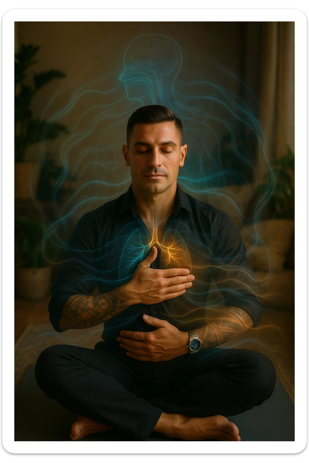 A highly realistic, cinematic portrait of a man in his early 30s with a calm, focused expression, sitting cross-legged on a yoga mat in a softly lit, peaceful room with warm, natural light. His eyes are gently closed as he practices slow, deep breathing, with one hand on his chest and the other on his abdomen, visibly rising and falling, symbolizing diaphragmatic breathing. Subtle blue and warm golden light waves gently swirl around him, visually representing the calming of anxiety, stress, and depressive thoughts. His posture is upright but relaxed, with relaxed shoulders and a slight serene smile on his lips, showing emotional relief and inner calm. The background has green plants and soft textures, evoking a peaceful and healing environment. The style is 35mm hyperrealistic photography with soft depth of field, focusing on his peaceful face and breathing posture, while faint overlays of nervous system diagrams and gentle energy waves hint at the healing power of conscious breathing on the mind and body sticker