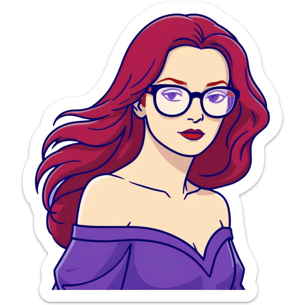 Woman with long red hair flowing wearing glasses and in purple clothing bare shoulders looking like a raven in her early 50’s sticker