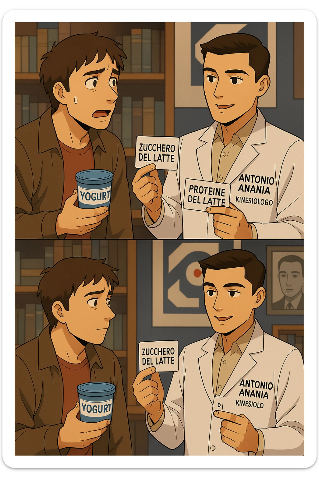 fai un webtoon manga a colori con questo stile, in cui un uomo fa una domanda al kinesiologo con il camice bianco (fagli anche la scritta "ANTONIO ANANIA" SUL CAMICE, l'uomo chiede una cosa mostrando un formaggio e uno yogurt al kinesiologo con il camice, IL KINESIOLOGO annuisce e SPIEGA ALL'UOMO UNA cos. L'UOMO ha un ESPRESSIONE CONFUSA IN VOLTO. non fare i fumetti però, fai solo in modo che sembri stiano parlando sticker