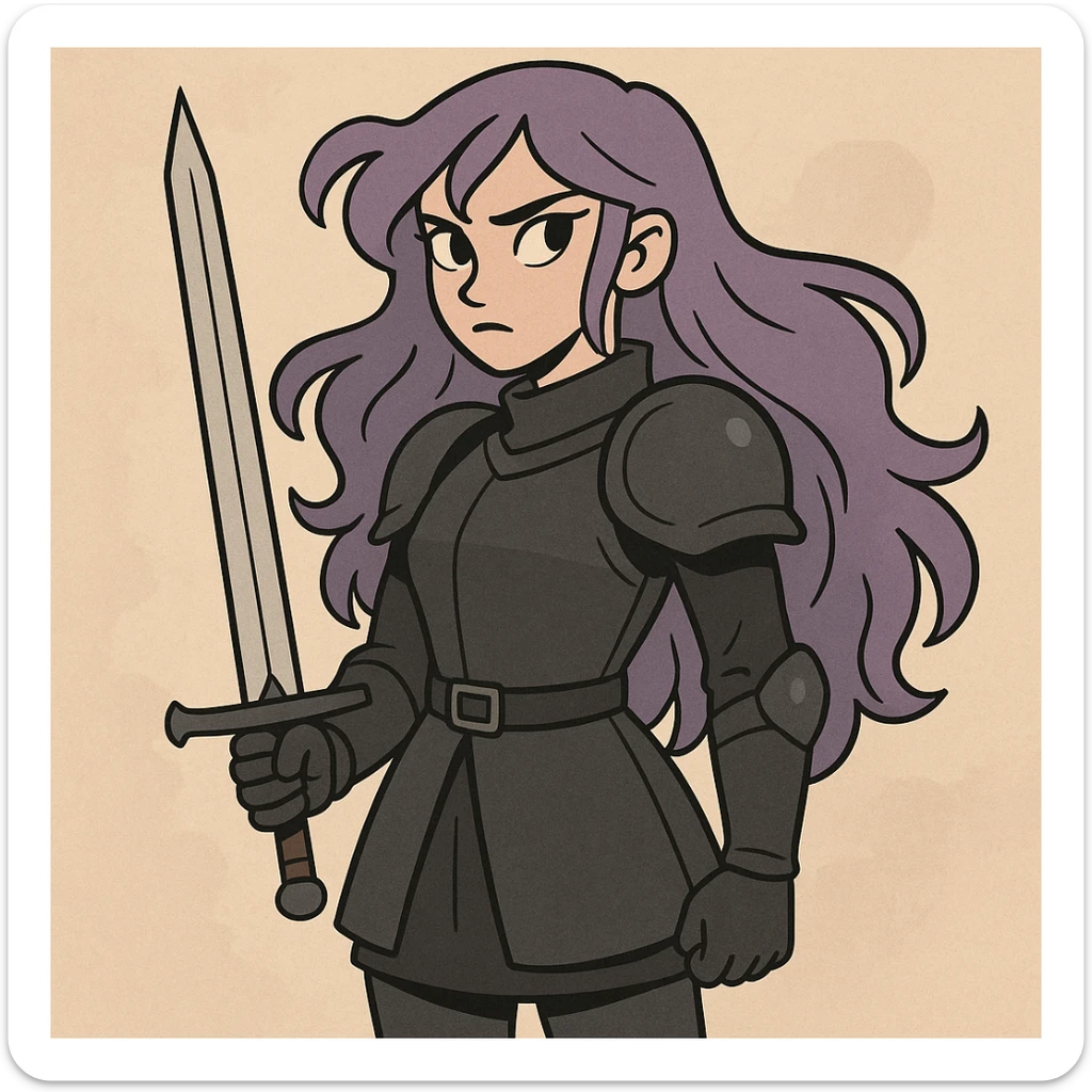 A mysterious warrior girl with flowing purple hair, dressed in black armor, standing with a sword, anime-inspired style. sticker