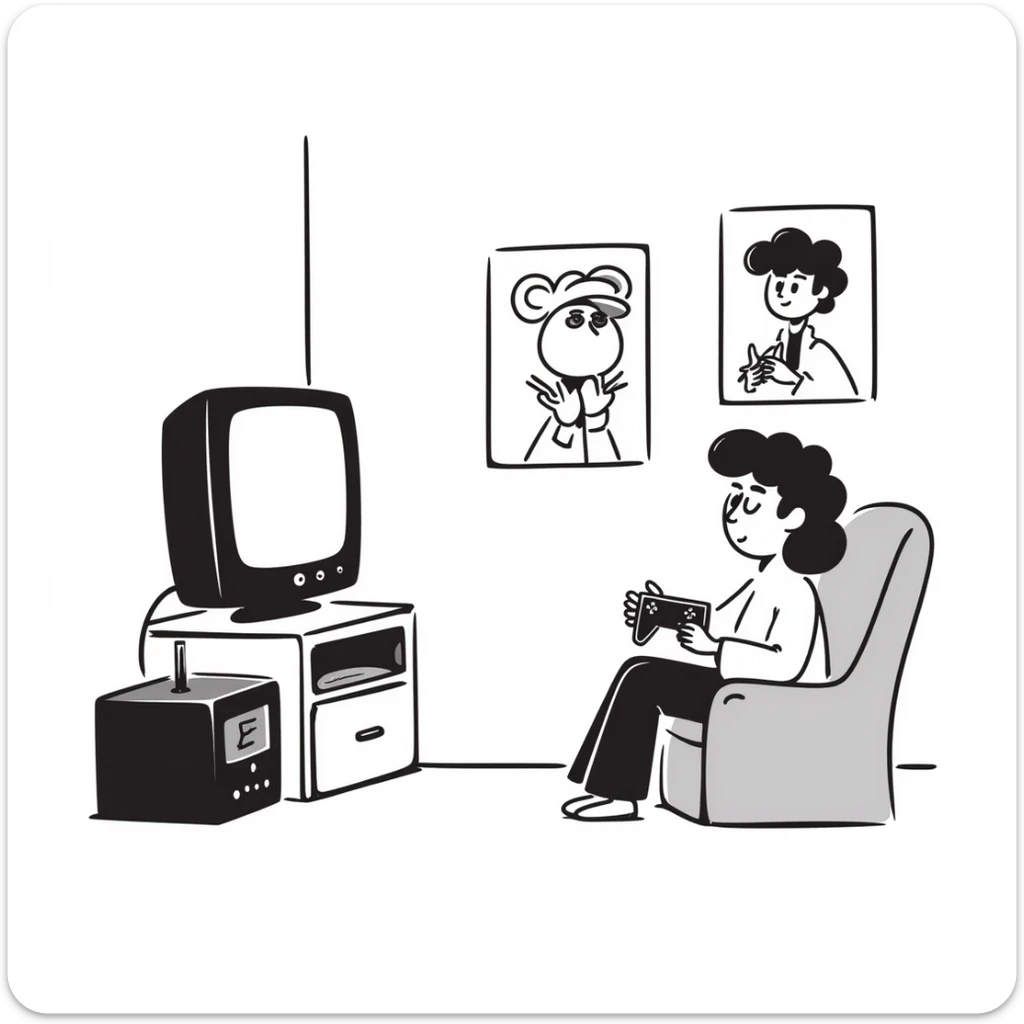 A retro gamer room with pixel posters and a console hooked to a tube TV sticker