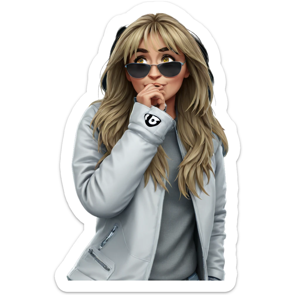 girl holding jacket with sunglasses sticker