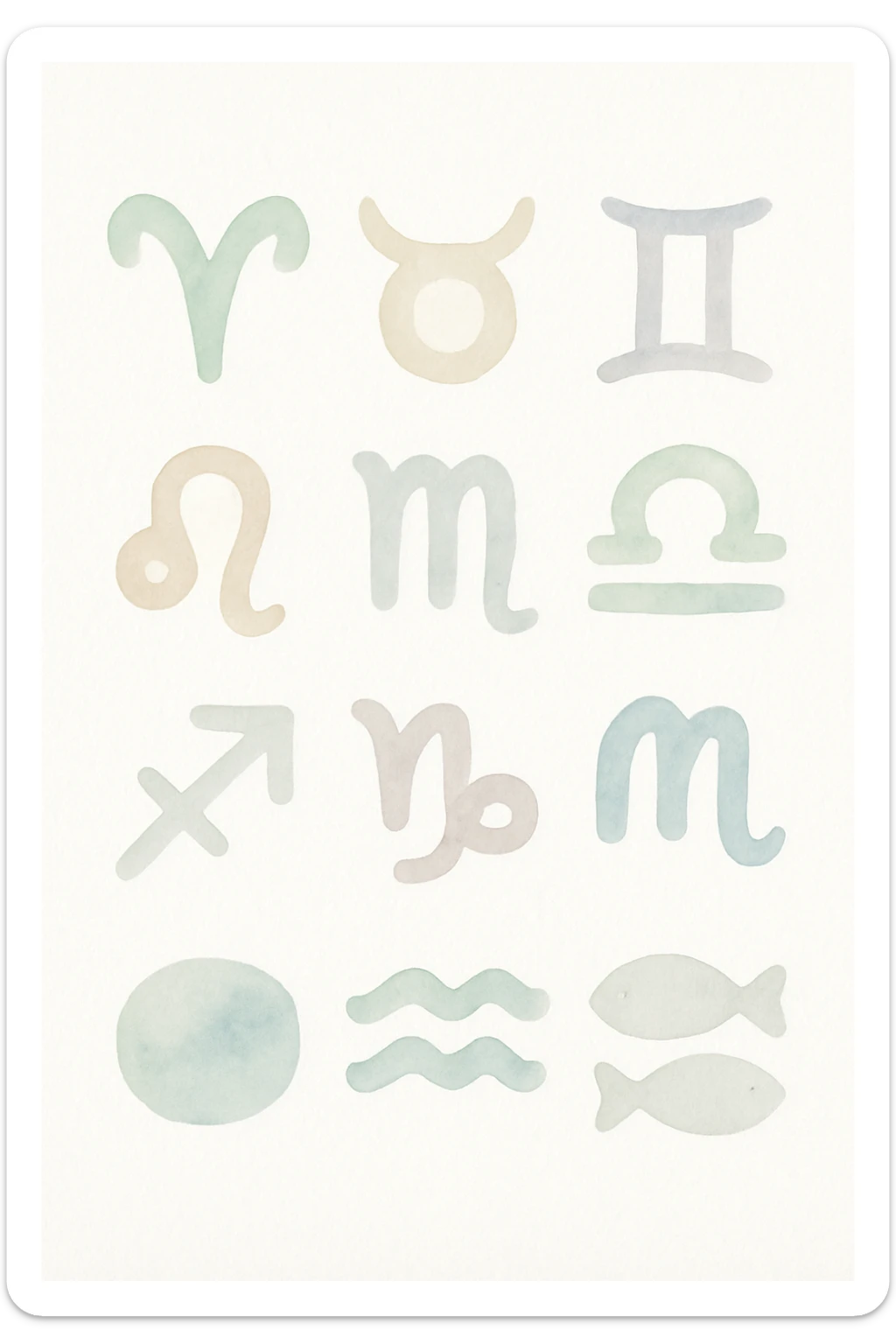 zodiac sign icons, watercolor art style, soft colors, artistic brush strokes sticker