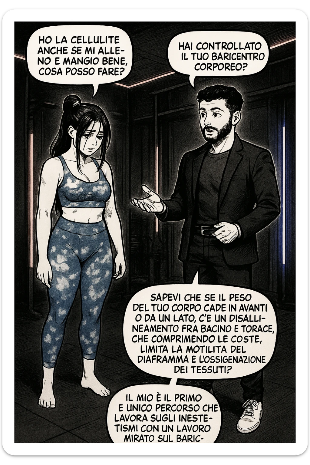 TRASFORMA QUESTO CAROSELLO IN UN FUMETTO STILE MANGA CON QUESTE DUE PERSONE IDENTICHE CHE INTERLOQUISCONO TRA LORO:

LEI: Ho la cellulite anche se mi alleno e mangio bene, cosa posso fare?

LUI: Hai controllato il tuo baricentro corporeo?
LUI: Sapevi che se il peso del tuo corpo cade in avanti o da un lato, c’è un disallineamento fra bacino e torace, che comprimendo le coste, limita la motilità del diaframma e l’ossigenazione dei tessuti?
LUI: Il mio è il primo e unico percorso che lavora sugli inestetismi con un lavoro mirato sul baricentro corporeo. sticker