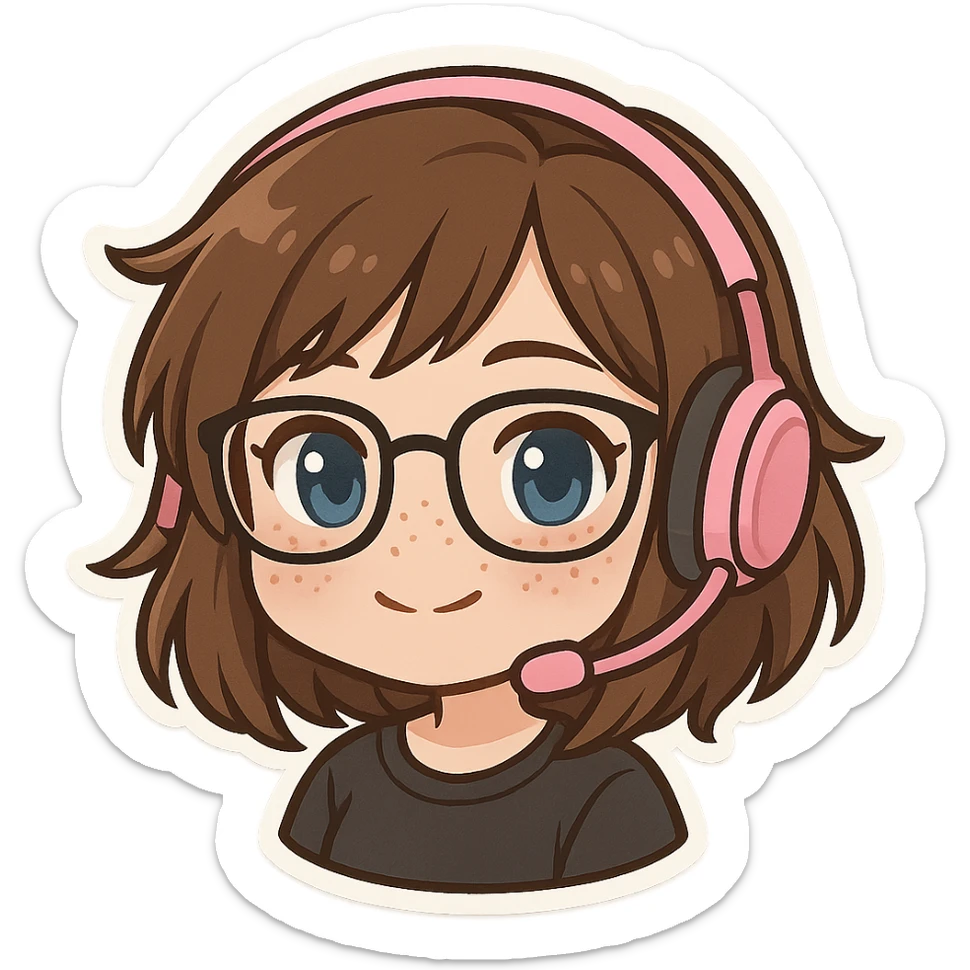 chibi woman with shoulder length choppy brown hair, pink gaming headset, freckles, glasses, and blue eyes sticker