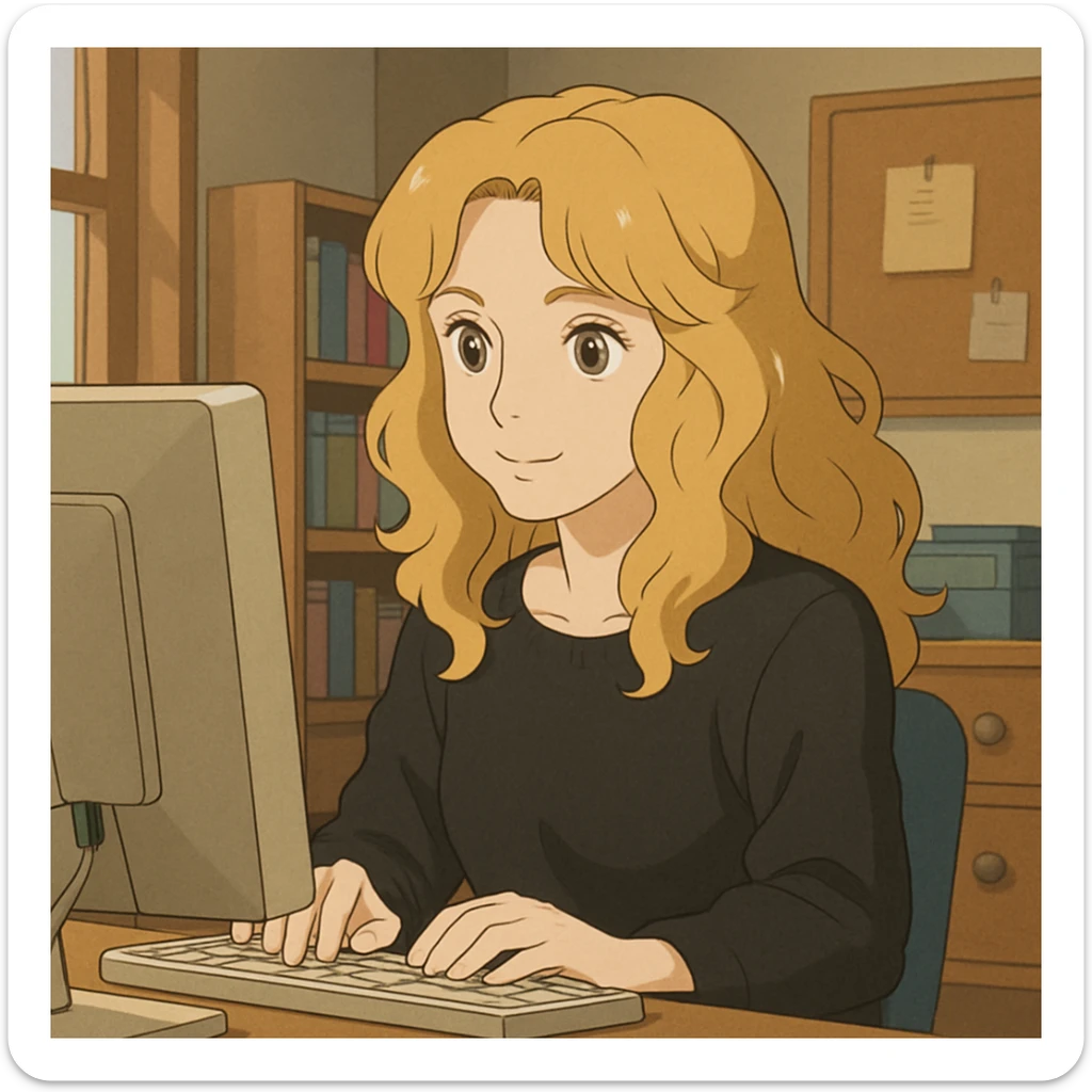 pretty brown-eyed blonde young woman with wavy hair, wearing a black sweater, working on a computer in a cozy office sticker