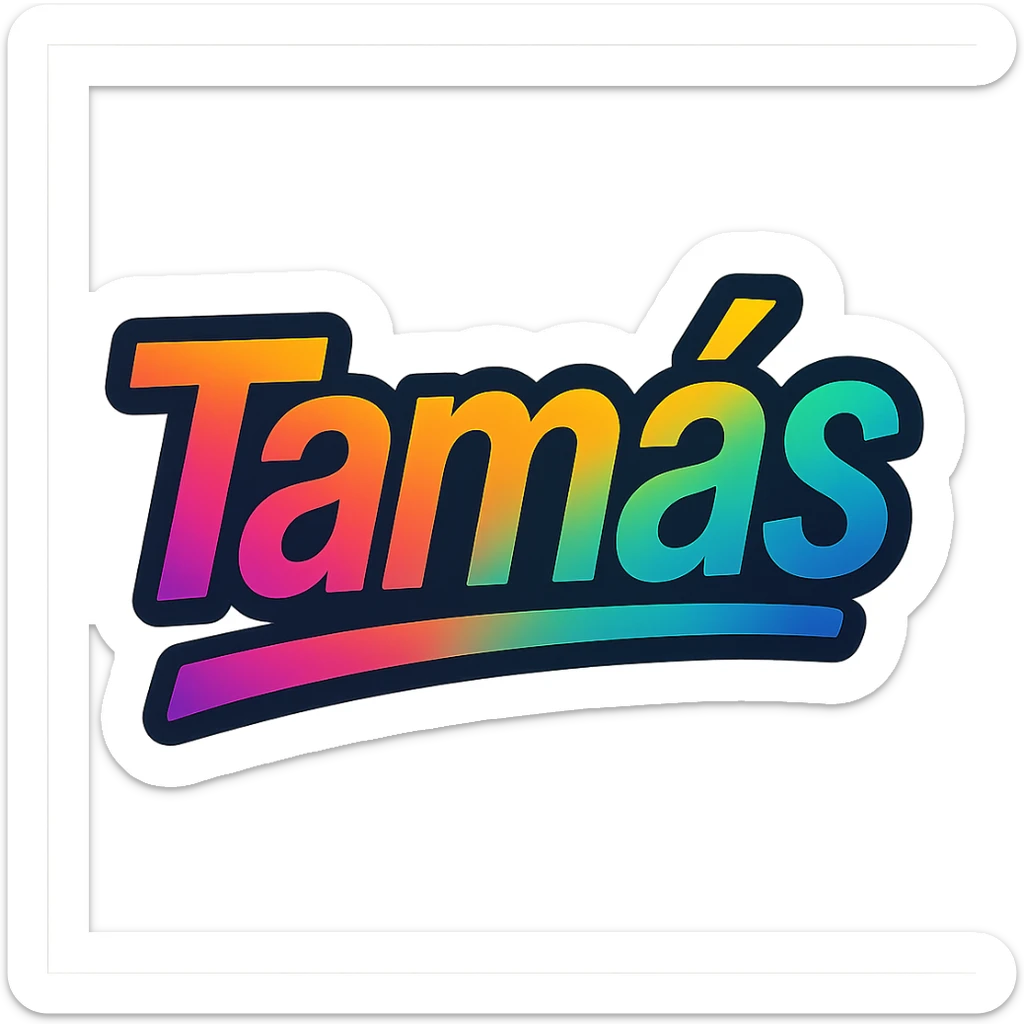 The name 'Tamás' in a modern, colorful gradient font with a dark outline, on a transparent background, with the name underlined or partially underlined with a dynamic, slanted underline, in the style of the sample images. sticker