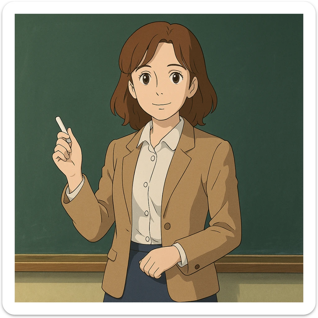 woman English teacher with brown hair, standing by a chalkboard, in ghibli style sticker