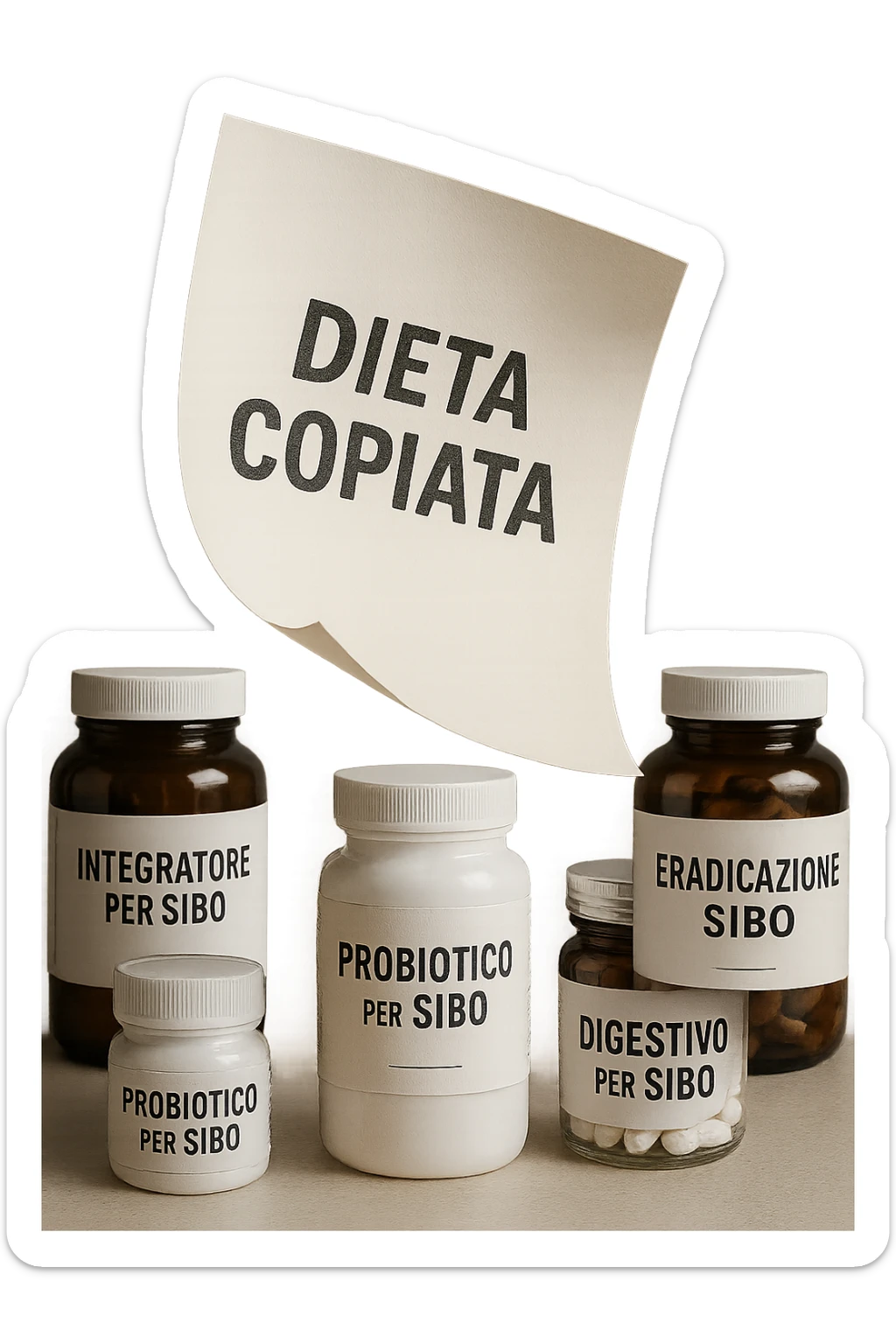 FOGLIO DI CARTA FLUTTUA IN ARIA CON LA SCRITTA "DIETA COPIATA", INSIEME A BARATTOLI DI INTEGRATORI PER CURARE IL SIBO IN ITALIANO, IPERREALISTICO 4K, NON DISEGNATO sticker