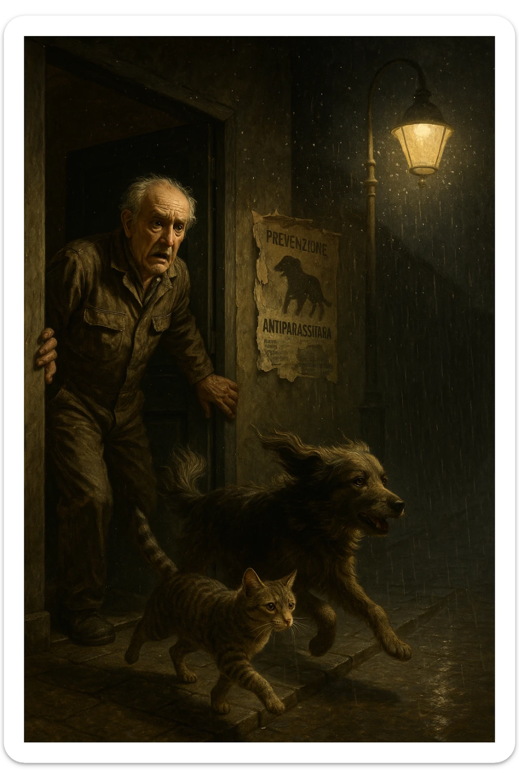 Un uomo anziano in tuta da lavoro, con espressione angosciata, tiene aperta la porta di casa mentre il suo cane (un meticcio a pelo lungo) e il gatto (soriano) scappano nella strada buia sotto la pioggia. Particelle di polvere/pulci fluttuano nell'aria illuminata dal lampione. Sullo sfondo, un poster strappato del veterinario con scritto 'Prevenzione antiparassitaria'. Stile fotorealistico, illuminazione Caravaggesca, toni grigi e ocra. in italiano sticker