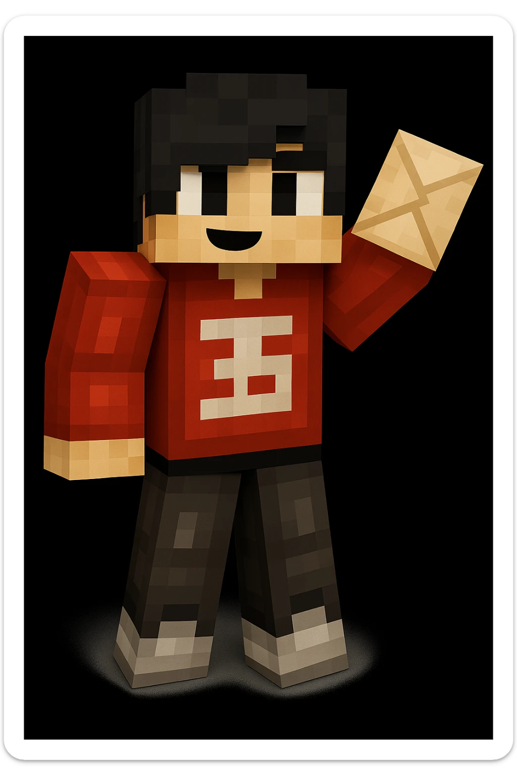 Add a letter in the character's hand, keeping the original Minecraft cartoon style and pose exactly the same. Only add the letter, do not change anything else. sticker