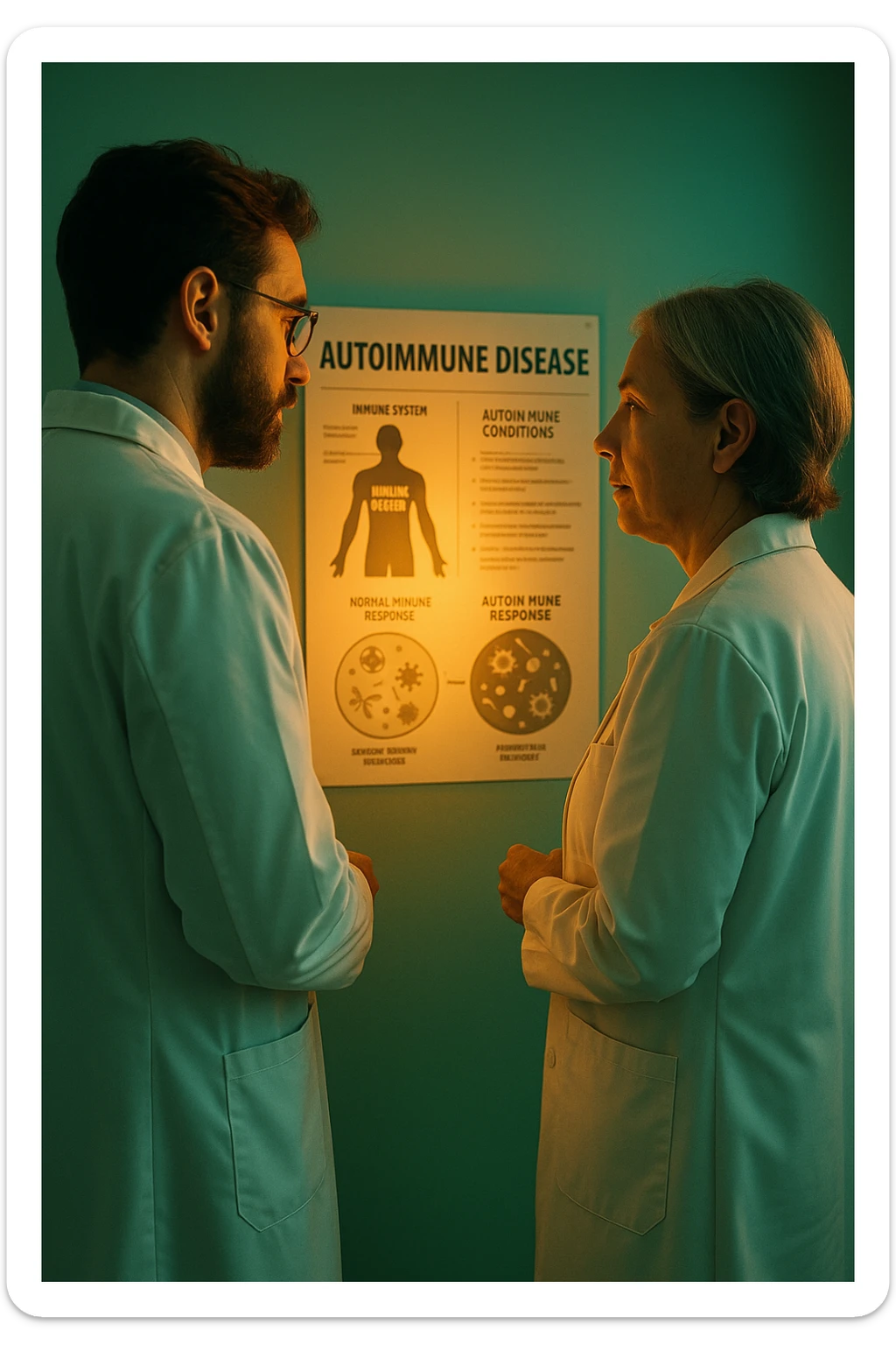 Realistic, detailed photo taken from behind of two doctors—a bearded man and a middle-aged woman—standing and facing each other as they discuss an autoimmune disease diagnosis in front of a medical chart that displays information about the immune system and autoimmune conditions. The scene is illuminated by a yellowish, orange, warm light that softly envelops the doctors. The entire room is bathed in a single green-blue color, creating a cohesive and modern atmosphere. Both doctors wear white coats, and their body language suggests a serious, professional conversation about the complexities of autoimmune diseases. Shot with a Canon EOS R5, with high detail and natural depth of field. sticker