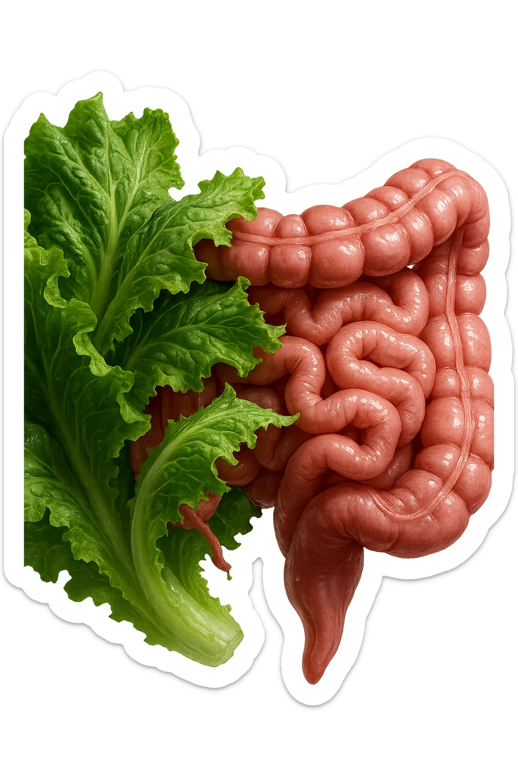foglie di insalata che attaccano un intestino anatomico umano per distruggerlo, IPERREALISTICO 4K sticker