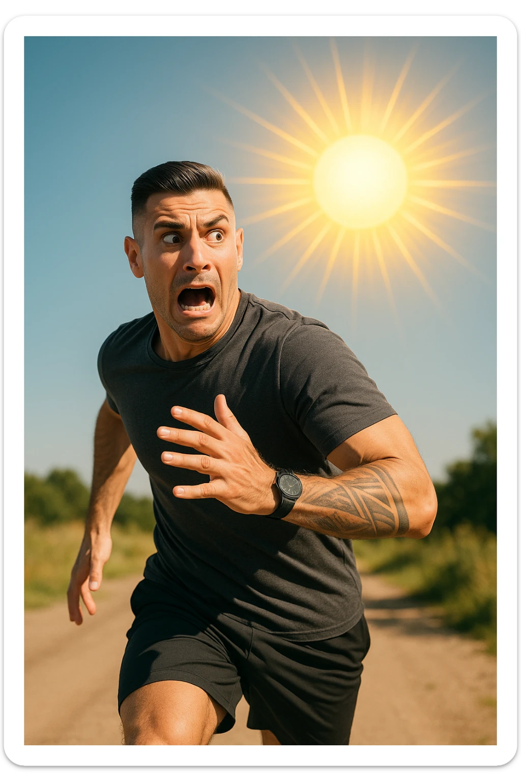 Uomo che corre via dal sole spaventato perchè pensa sia nocivo realistica sticker