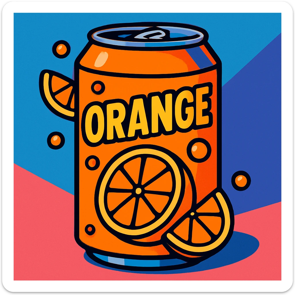 clean, vibrant color cartoon illustration of a can of orange soda with orange slices, TikTok-inspired, minimal and trendy look, bold colors sticker
