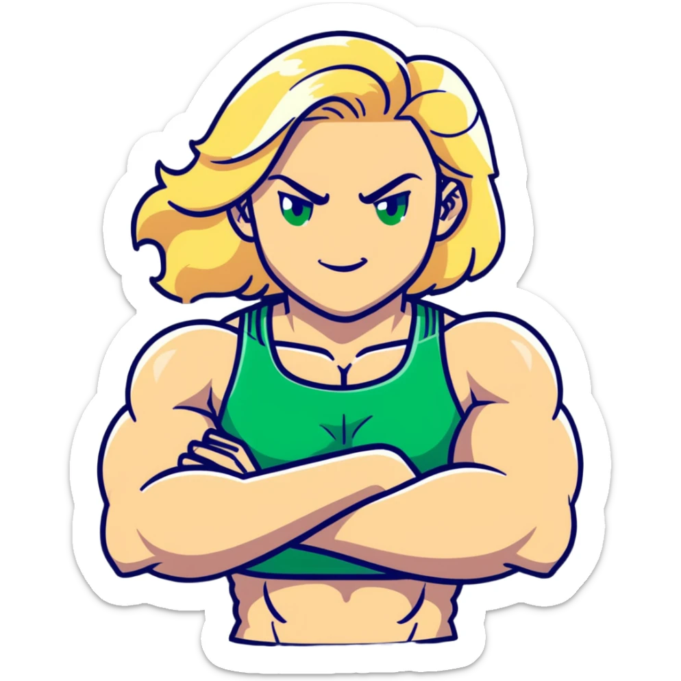 muscular white girl with blonde hair and green eyes, flexing 6 pack abs and one arm bicep sticker
